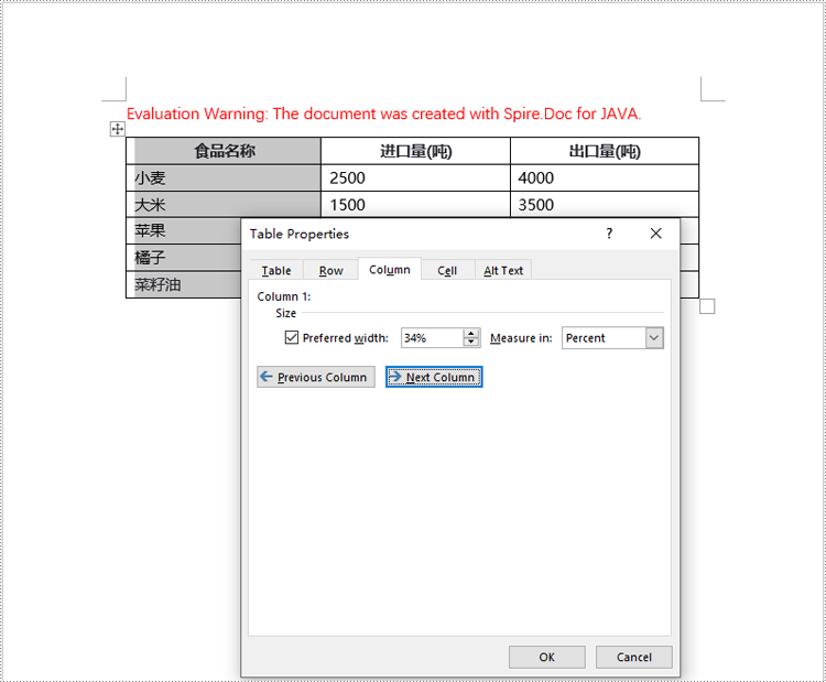 java 设置 word 表格列宽